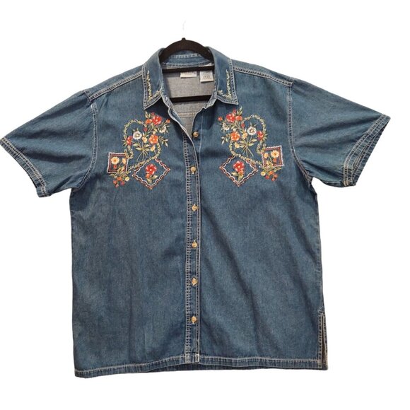 Bobbie Brooks blouse 14w Vintage Embroidered Flowers Garden Button Shirt Retro c - Picture 1 of 15